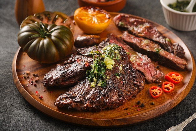 Hanger steak bbq with souce chimichurri on wooden plate, close up.