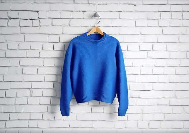 Hanger with blue stylish sweater on white brick wall