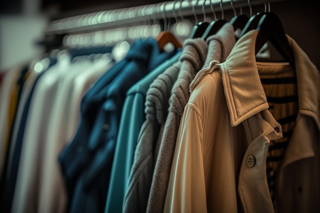 Hanger with second hand clothesused clothes showcase Generative AI