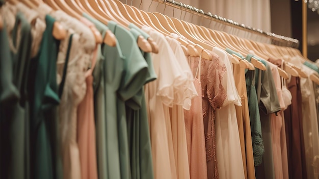Hangers displaying different styles of dresses in a clothing store
