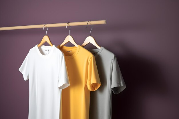 Hangers met blanco eenkleurige tshirts op paarse achtergrond Neuraal netwerk gegenereerd in mei 2023 Niet gebaseerd op een daadwerkelijke scène of patroon