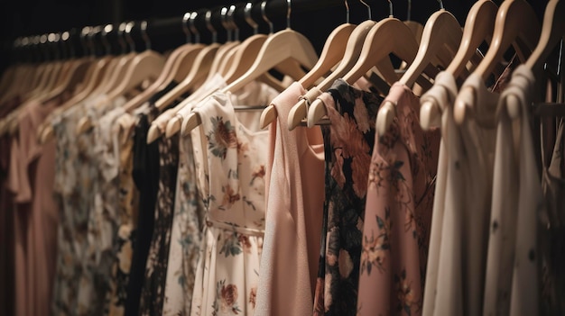 Hangers met verschillende stijlen jurken in een kledingwinkel