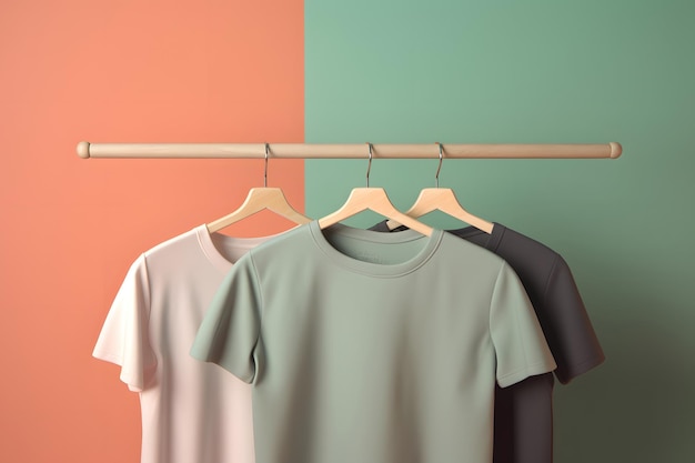 Hangers with blank monocolor tshirts on orange and green background Neural network generated in May 2023 Not based on any actual scene or pattern