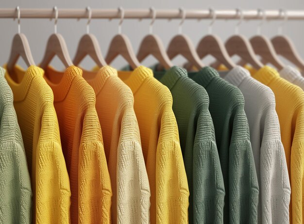 Hangers with bright clothes as background closeup Rainbow colors