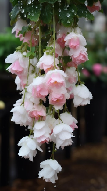 A hanging basket of flowers with pink flowers.