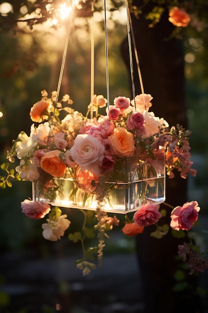 hanging basket with flowers in the sunlight