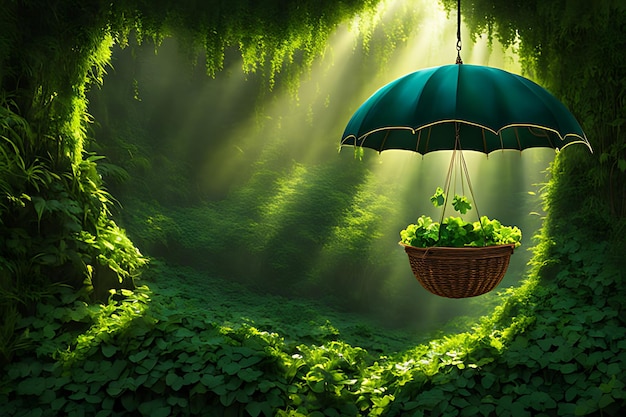 a hanging basket with an umbrella hanging from a ceiling with plants growing in the background