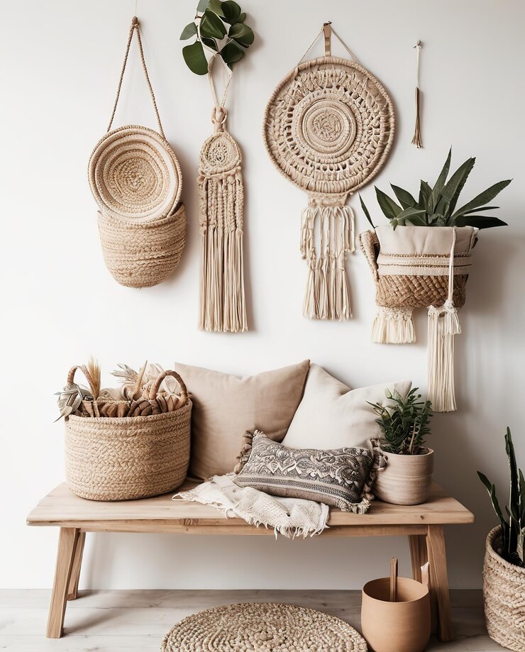 hanging baskets and baskets on a shelf with plants and hanging baskets
