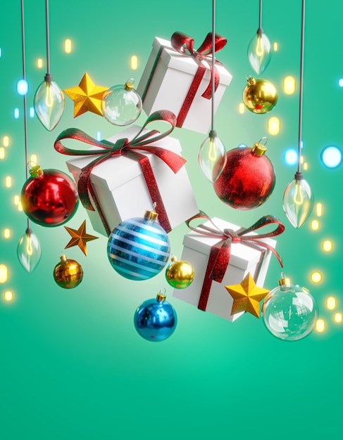 Hanging Box Gift Christmas Ball Red Blue Gold Christmas Lights Bokeh Stars Teal Achtergrond 3D Render