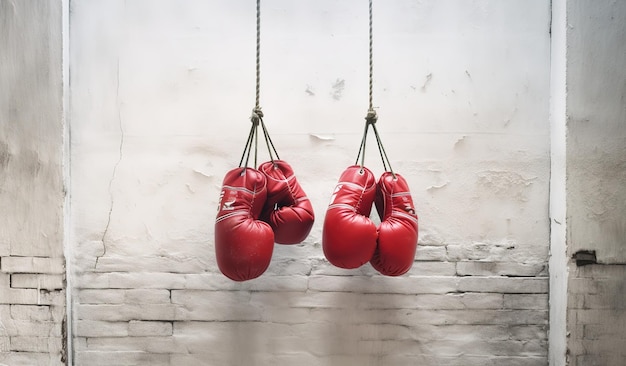 Hanging boxing gloves on a gray background