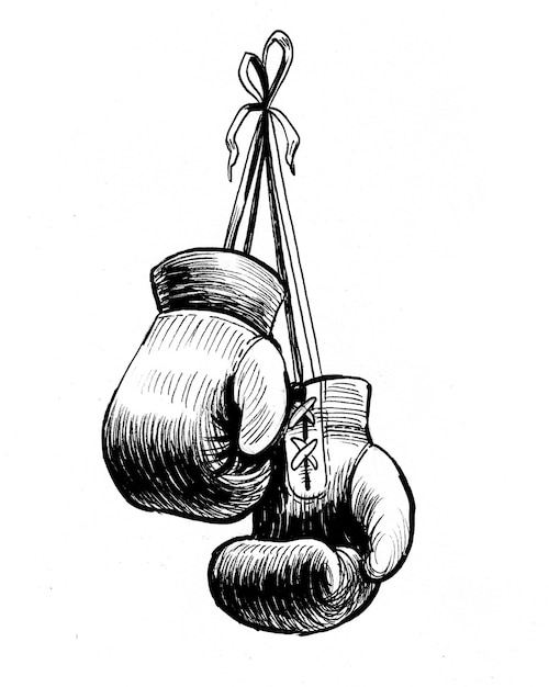 Photo hanging boxing gloves. ink black and white drawing