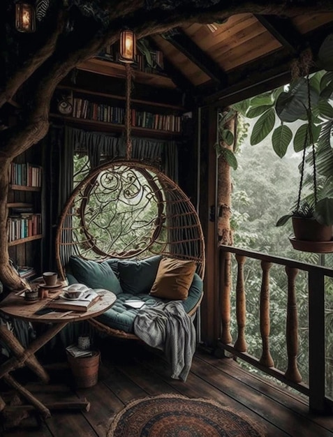 A hanging chair in a tree house