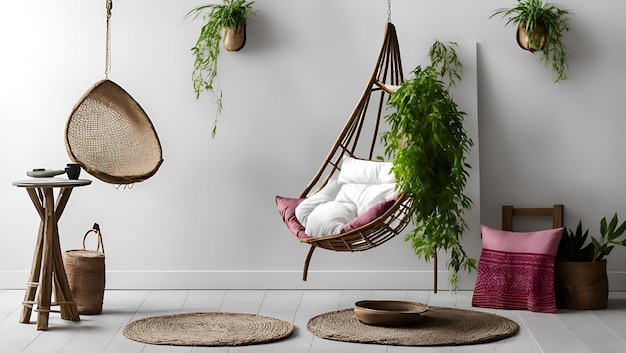 A hanging chair with a plant hanging from the ceiling