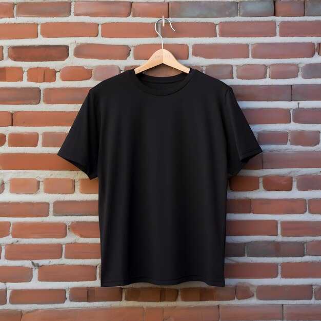 Hanging clean black tshirt clean brick wall in the background