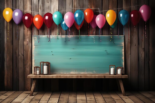 Hanging decorative flags and balloon with vintage wooden wall as background