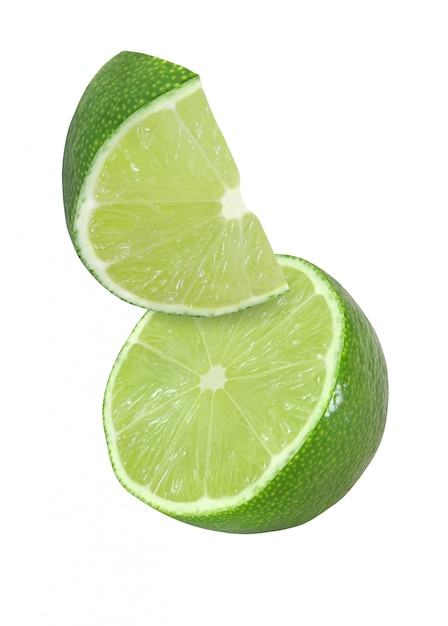 Hanging, falling and flying piece of lime fruits isolated 