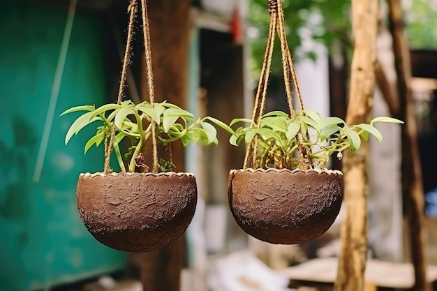 Photo hanging flower pot made of coconut shell