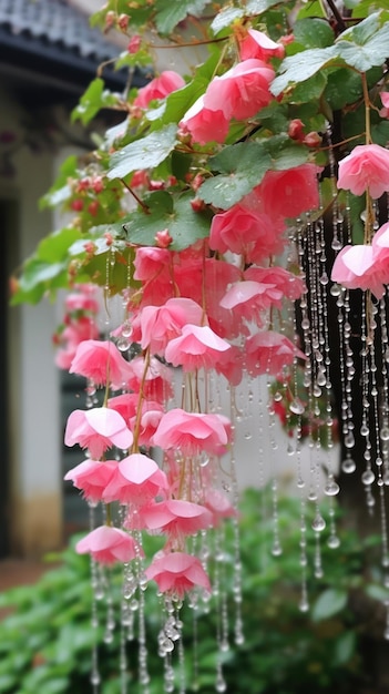 写真 横に雨粒が付いた吊り下げられた花