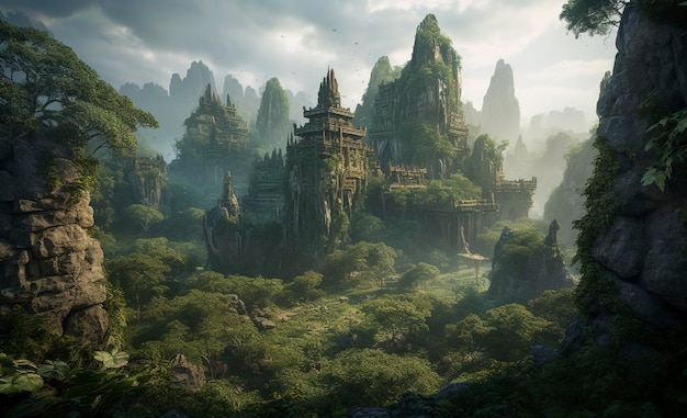 The hanging gardens of Babylon as Minas Tirith from lord of the rings epic mountains in background generate ai