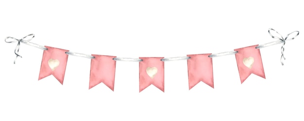 hanging garland with rectangle flags in pink pastel color hand drawn watercolor illustration of pennant for baby party design on isolated background bunting for banner celebration or party design