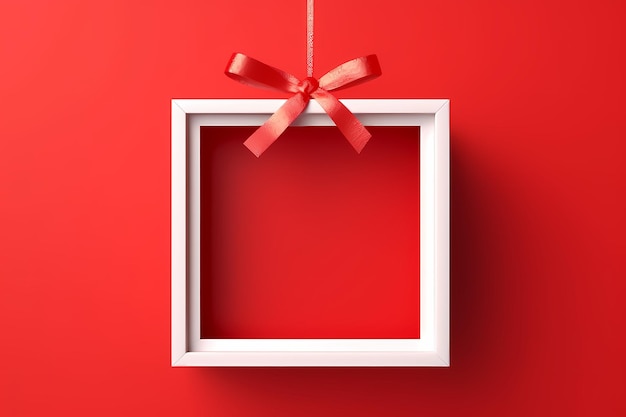 Hanging gift box frame border isolated on red background with shadow minimal conceptual 3D rendering