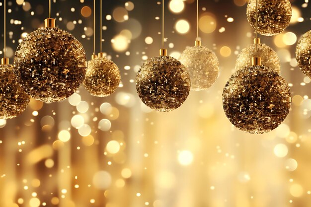 Photo hanging glittery baubles on a gold confetti background