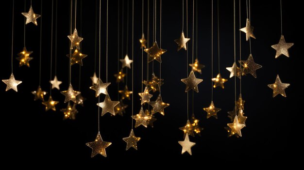 Hanging gold stars on a dark background