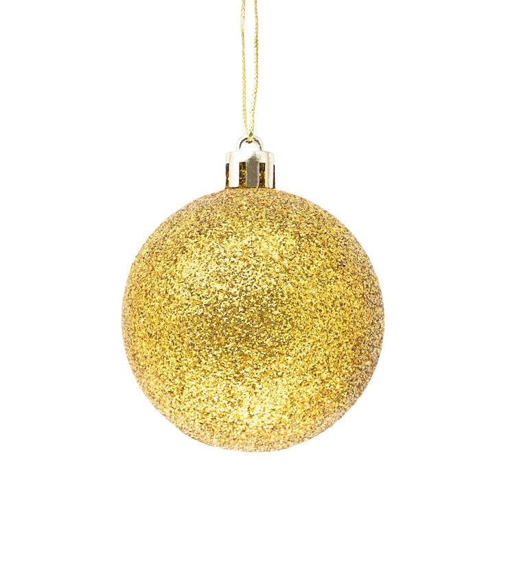Photo hanging golden glitter christmas bauble isolated on a white background