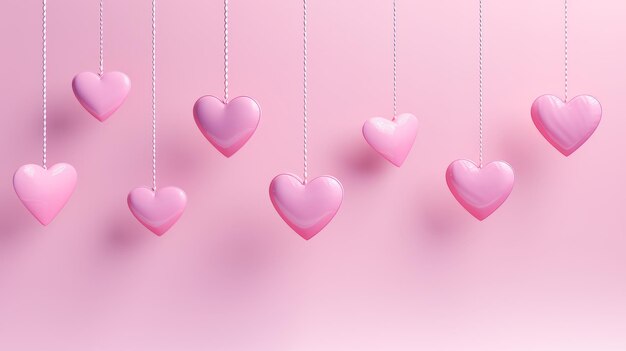 Hanging hearts on a light pink background AI generation