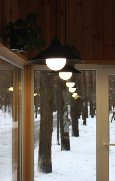 Hanging lamps are reflected in the glass window of a cafe in a park in winter