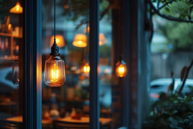 Hanging Lamps in the Window of a Stylish Cafe