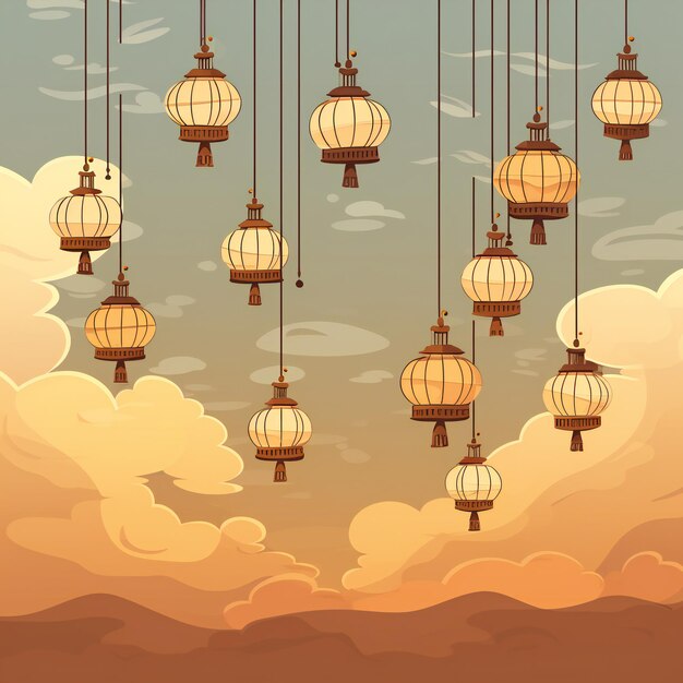 Hanging lanterns in the sky illustration in cartoon style