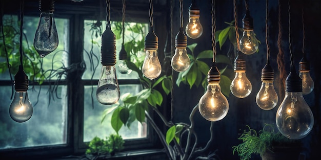 Hanging light bulbs on a tree from the roots