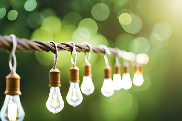 Hanging light bulbs with a green background