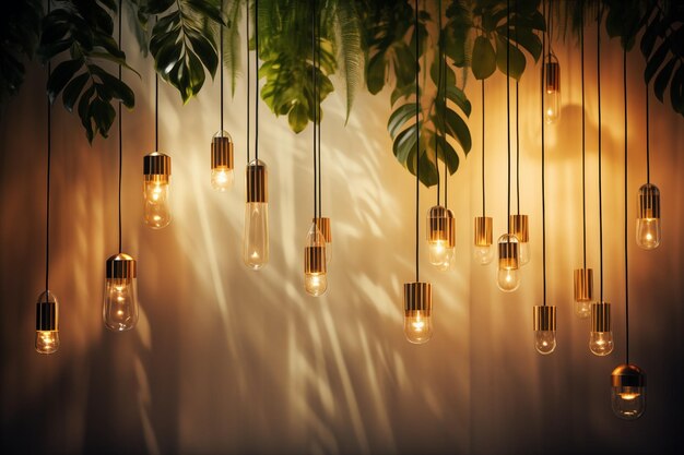 Hanging lights amidst green leaves