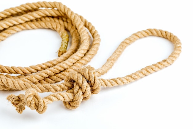 Roll of a thin rope with a loop for hanging, isolated on white background  Stock Photo