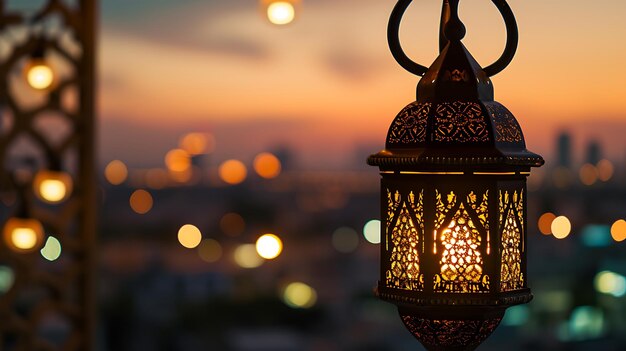 Hanging Ornamental Arabic lantern glowing in night invitation for Muslim holy month Ramadan Kareem