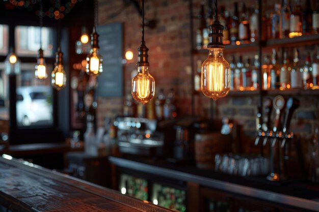 Photo hanging pendant lights illuminate industrial bar