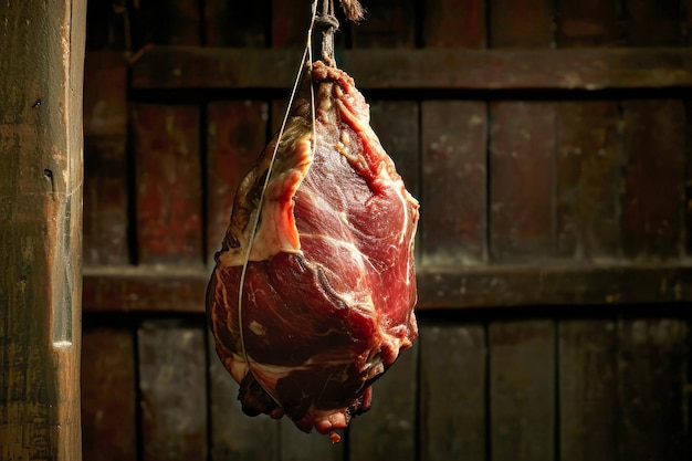 Photo hanging piece of meat on a hook jamon ham farm production