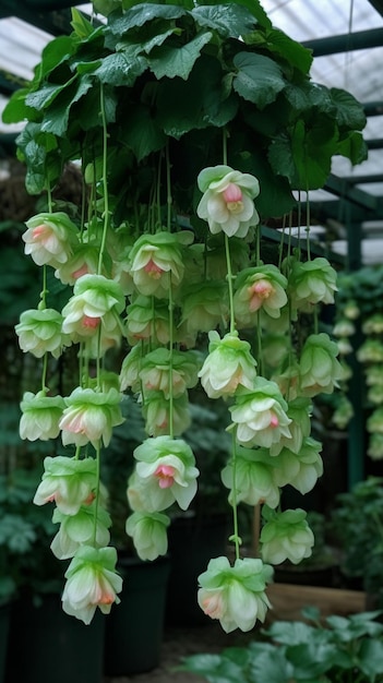 A hanging plant with flowers hanging from it