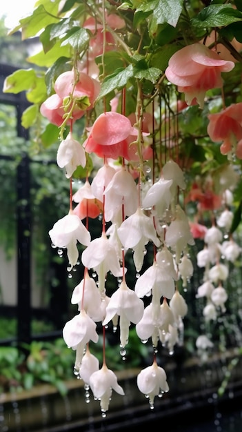 A hanging plant with pink flowers hanging from it