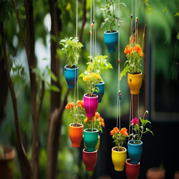 Photo a hanging planter with a bunch of flowers hanging from it