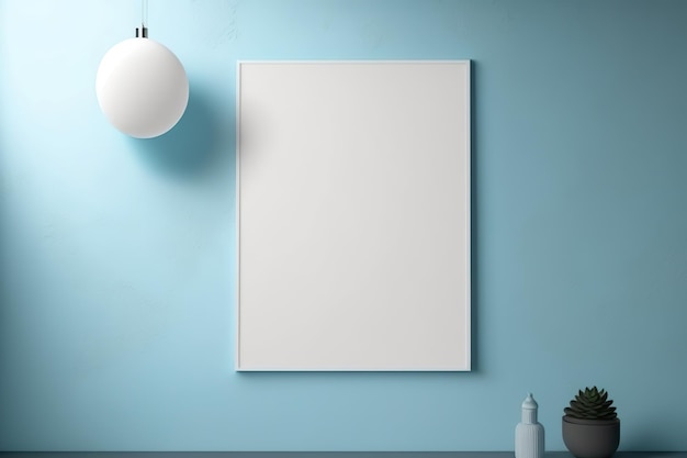 Висячий макет рамки плаката на синем фоне стены с лампой Generative AI