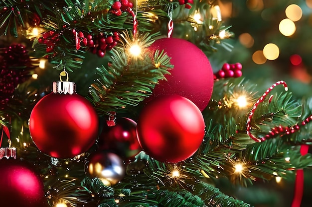 季節のご挨拶のクリスマス ツリーの背景に赤いボール クリスマス飾り装飾をぶら下げ