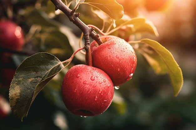 ぶら下がっている赤い熟したリンゴ