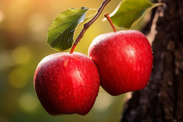 ぶら下がっている熟した赤いリンゴ
