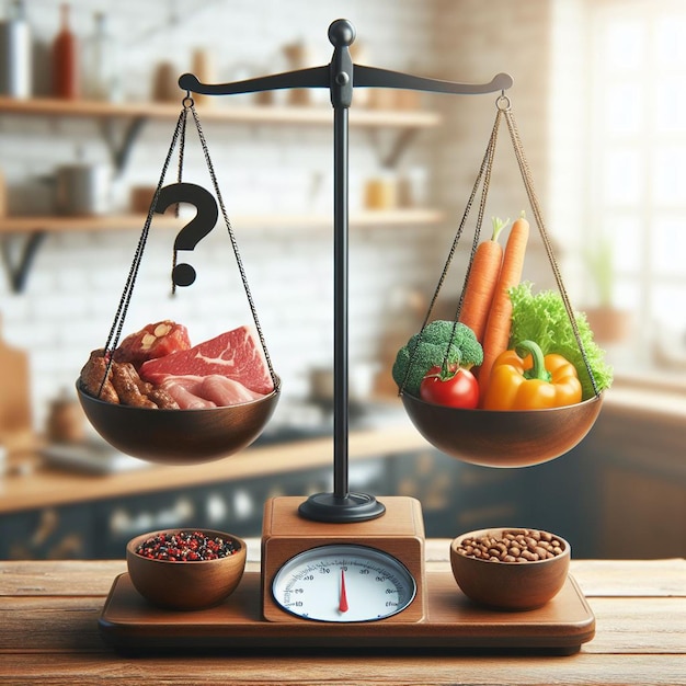 Photo hanging scales on blurred kitchen background on one bowl meat food on other bowl vegetarian food