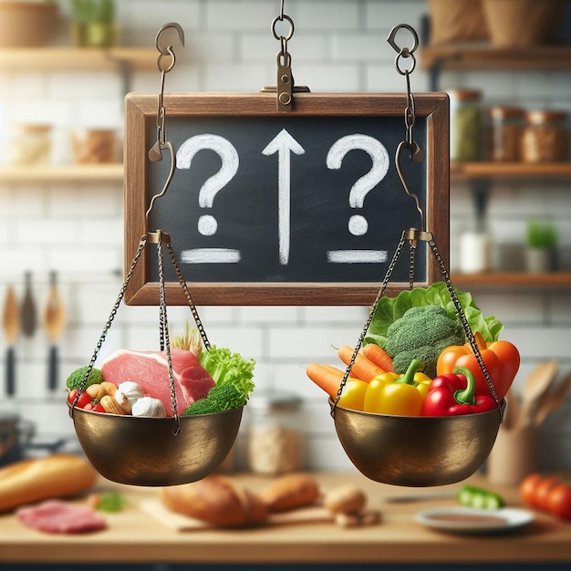 Фото Весы висят на размытом кухонном фоне на одной миске мясной еды на другой миске вегетарианской еды