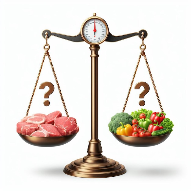 Фото На белом фоне висящие чешуи на одной миске мясная еда на другой миске вегетарианская еда