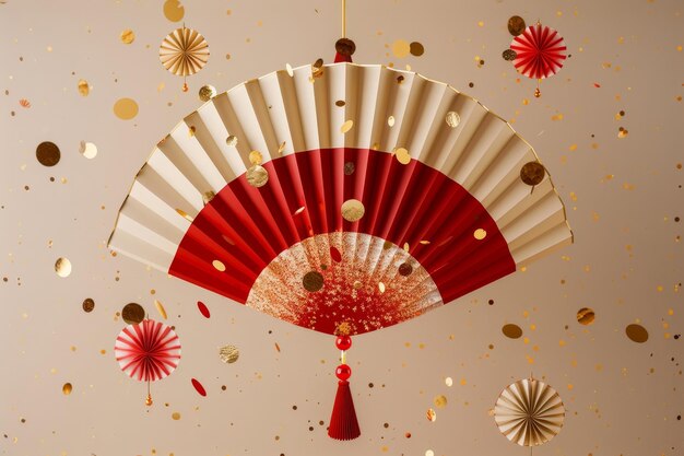 Photo hanging shine lantern and oriental style paper fans happy chinese new year beige background realistic fan flowers craft party decoration gold glitter confetti